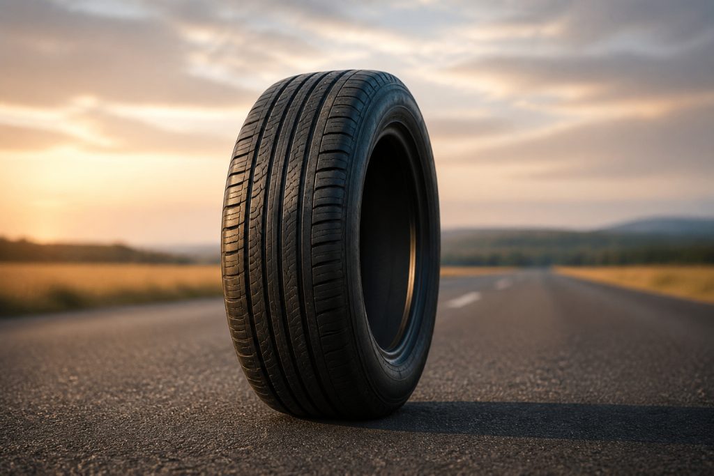 Pneu de voiture sur route au coucher du soleil