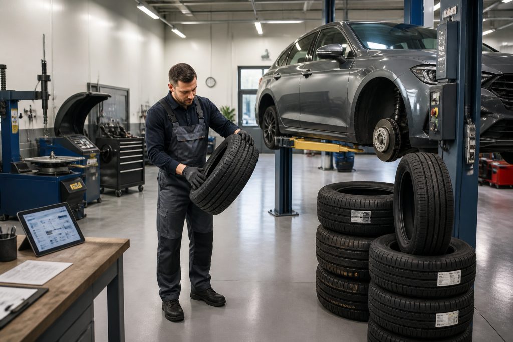 Mecanicien examinant un pneu dans un centre automobile