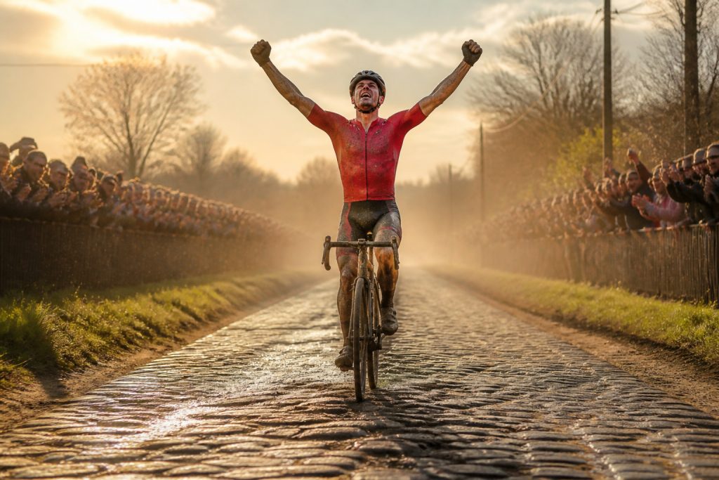 Cycliste victorieux sur paves