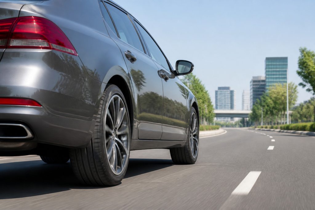 Roue de voiture moderne sur route asphaltee