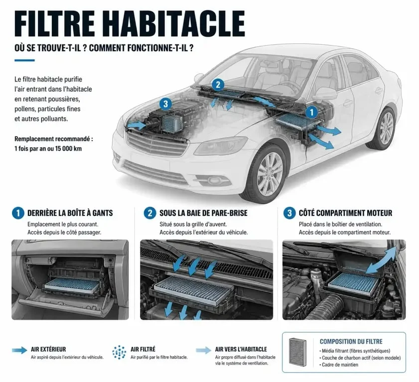 Filtre habitacle : schéma simplifié de son emplacement dans une voiture