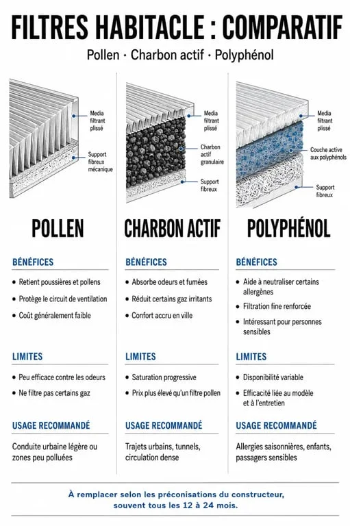 Filtre habitacle : comparaison des filtres à pollen, charbon actif et polyphénol