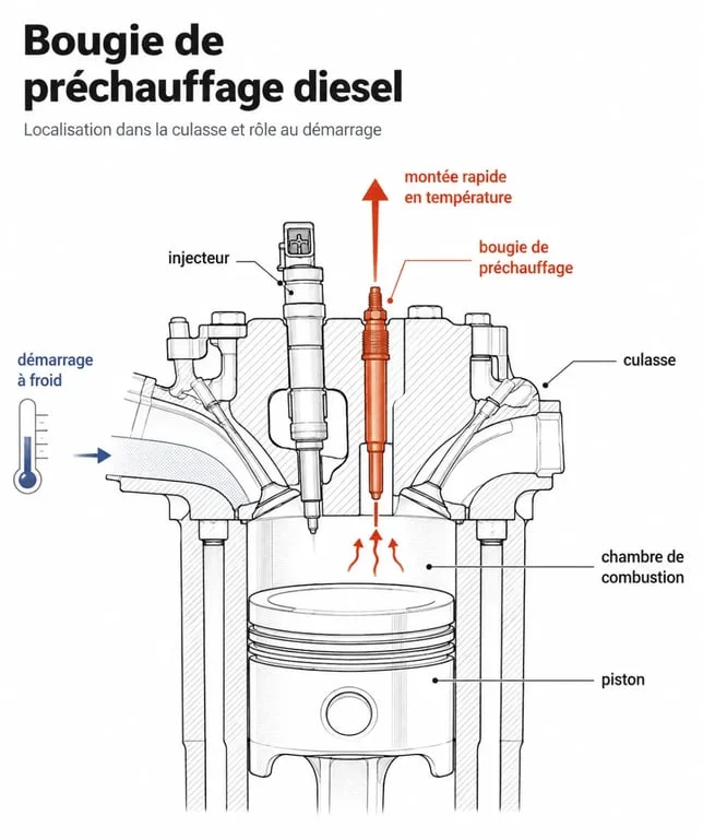 Bougie de préchauffage sur moteur diesel, schéma de localisation et de fonctionnement